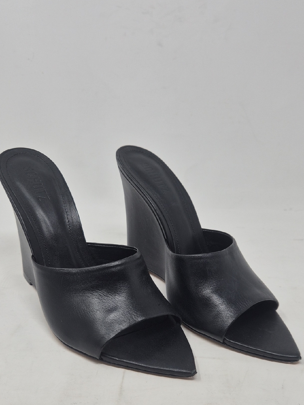SCHUTZ Black Leather Pointed Wedge Mules